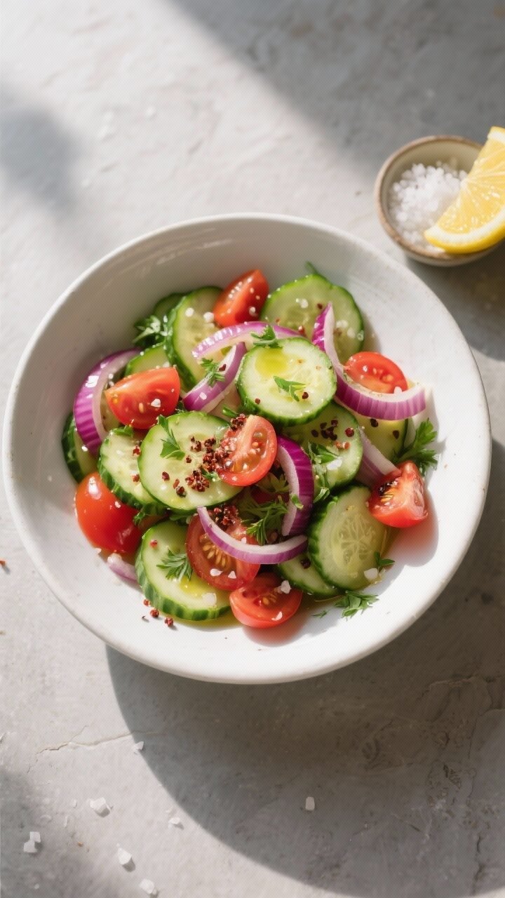 Overhead shot of the prepared cucumber tomato onion salad just after tossing and a brief 5–10 minu