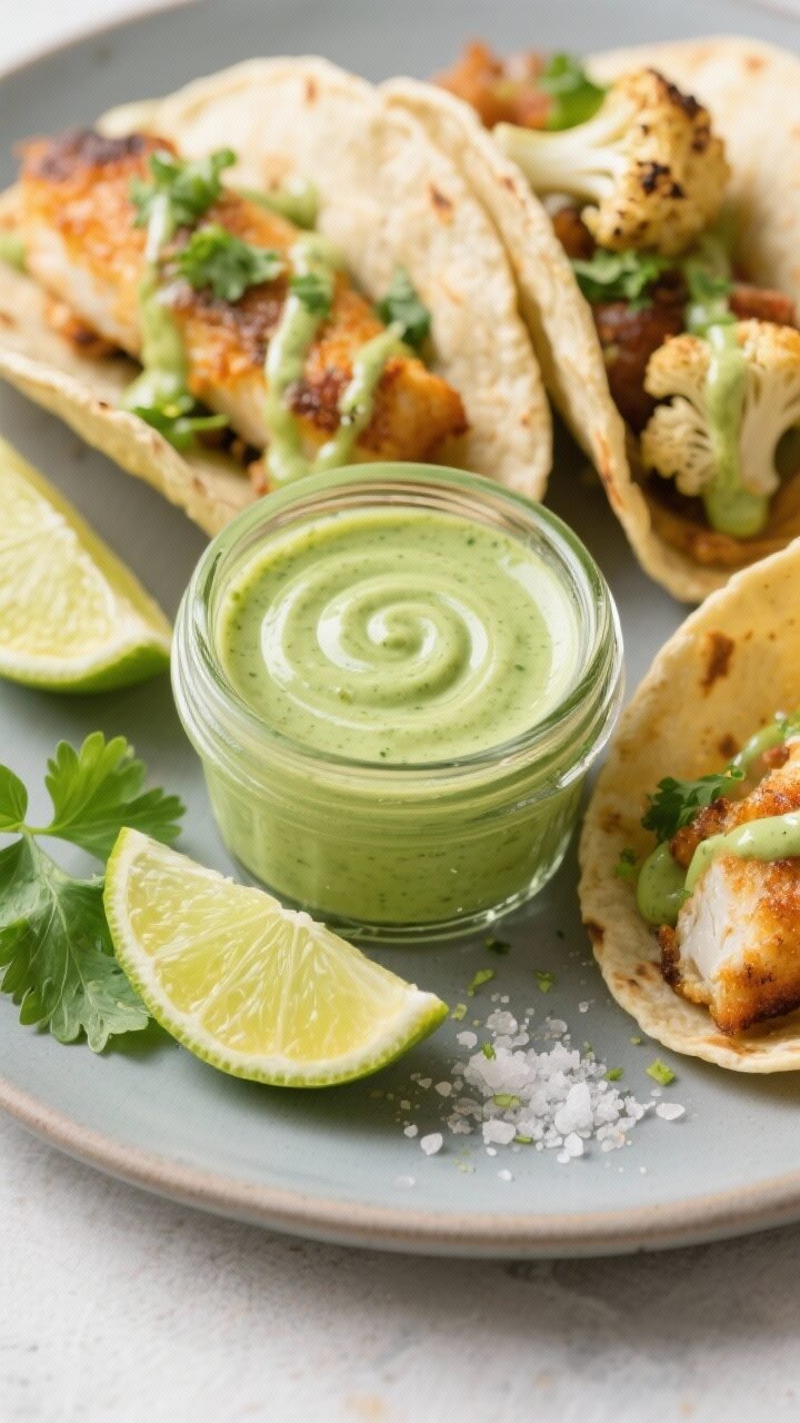 Tasty top view: Overhead shot of a small glass jar of cilantro-lime dressing with a swirl on top, th
