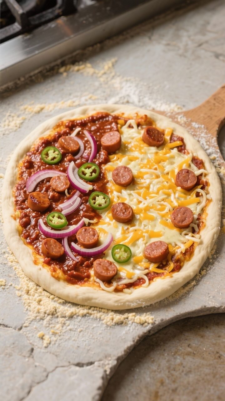 Tasty top view process shot: Overhead of the pizza right before baking—stretched 12–14 inch doug