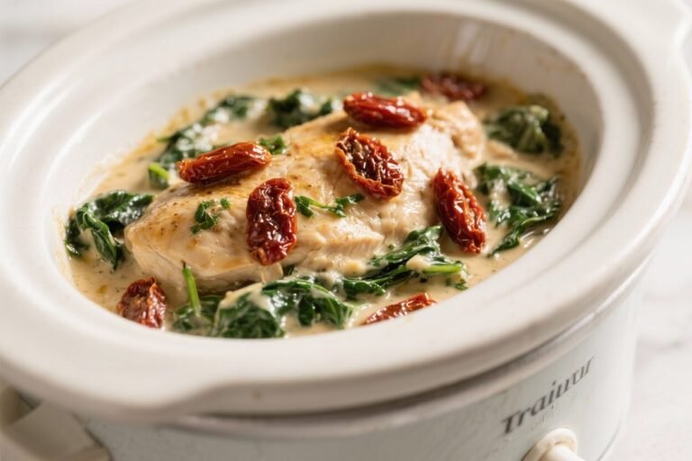 Crockpot Creamy Tuscan Chicken With Spinach & Sun-Dried Tomatoes – Comforting, Simple, and Flavor-Packed