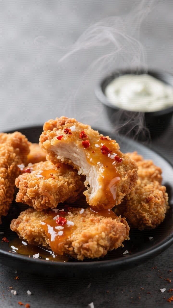 Close-up detail: Air fryer hot honey chicken nuggets just tossed in sticky glaze, glistening amber h