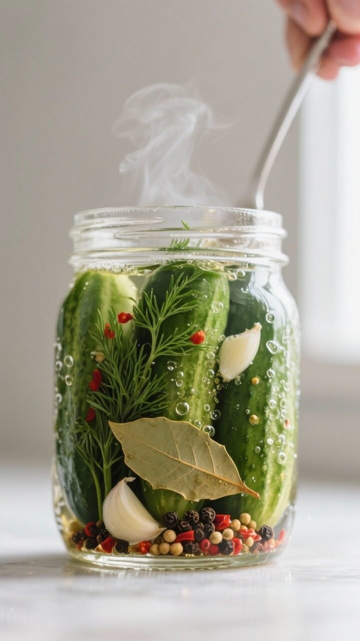 Close-up detail and process shot: Cucumbers freshly packed in clear glass pint jars, fully submerged
