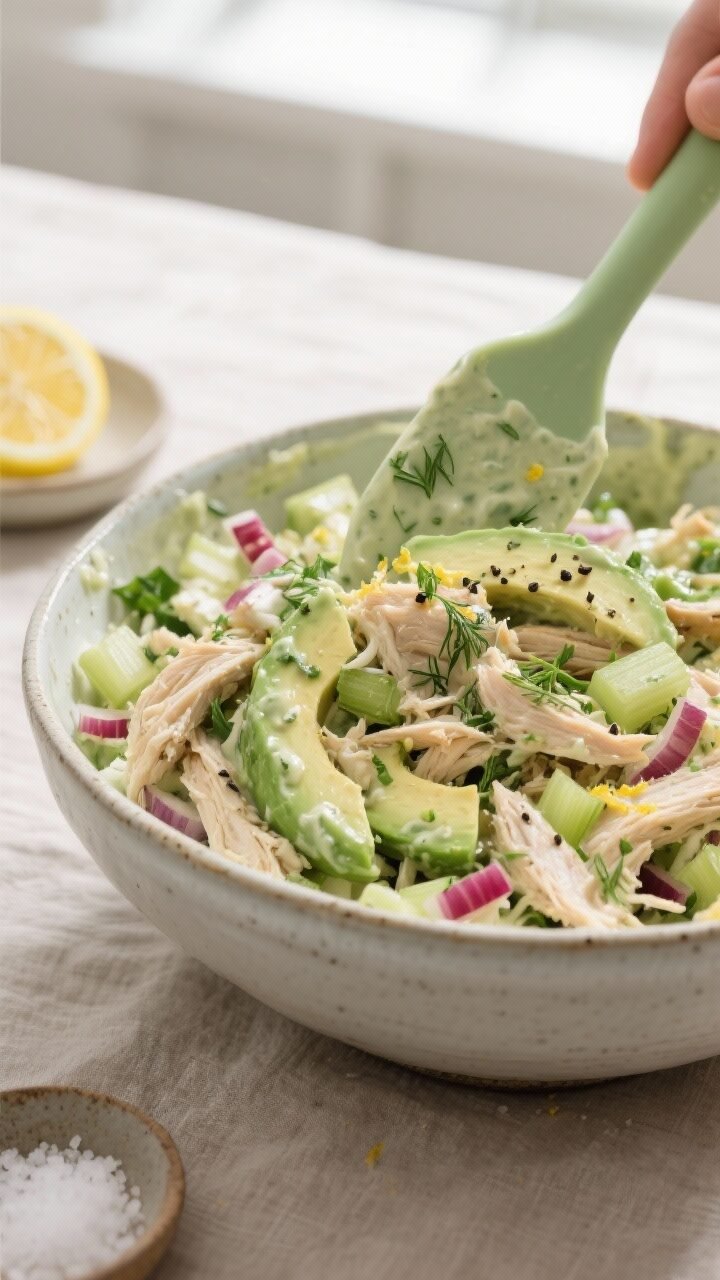 Close-up detail, cooking process: A large ceramic bowl of avocado chicken salad being gently folded 