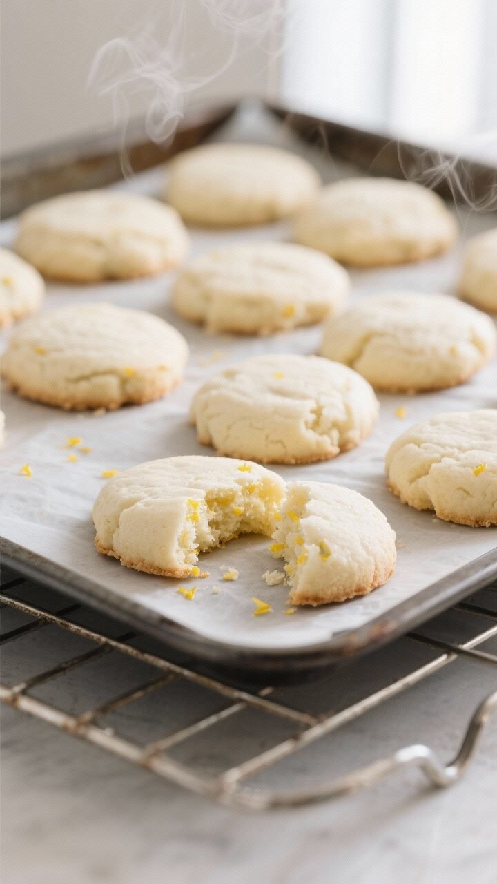 Close-up detail, cooking process: A tray of freshly baked Italian ricotta Christmas cookies just out