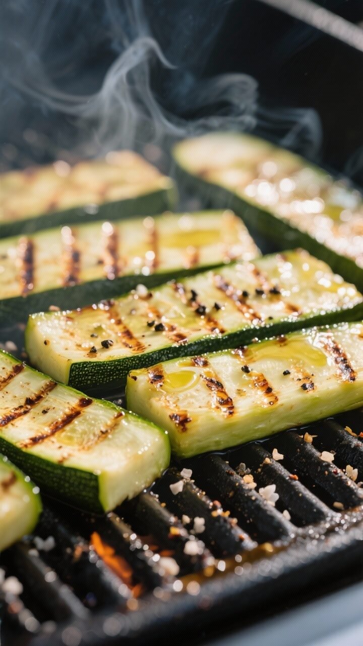 Close-up detail, cooking process: Thick zucchini planks sizzling on a medium-high grill, crosswise g