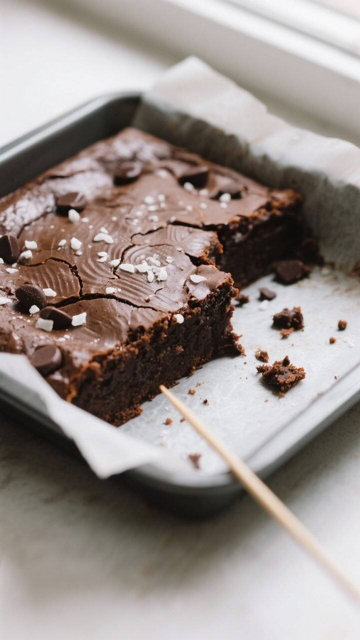 Close-up detail: Freshly baked sweet potato brownies cooling in an 8-inch square pan lined with parc