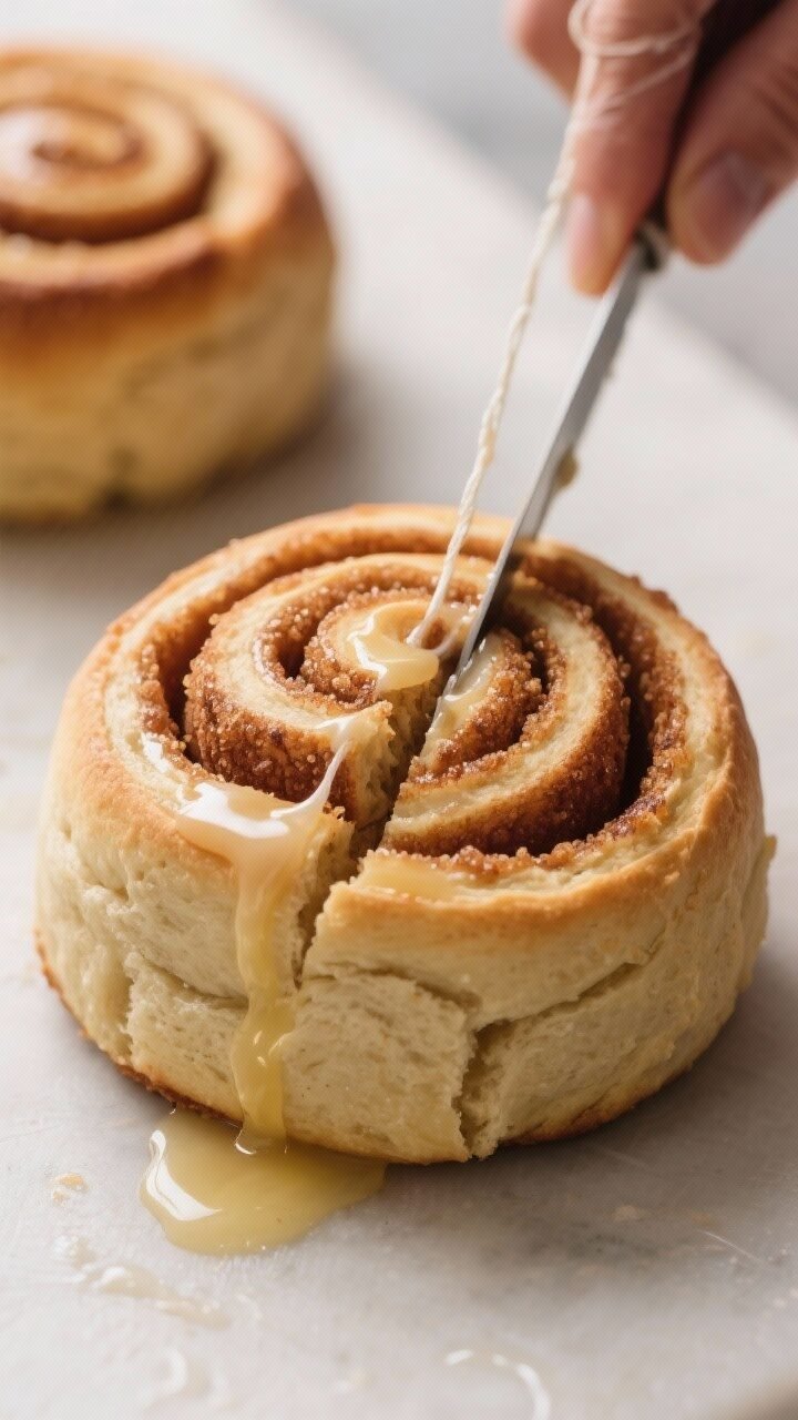 Close-up detail of a single no-yeast cinnamon roll being sliced cleanly with taut dental floss on a 