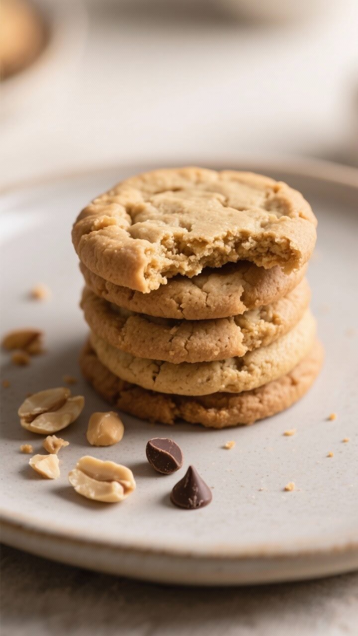 Close-up detail of a stack of soft peanut butter cookies on a matte ceramic plate, one cookie broken
