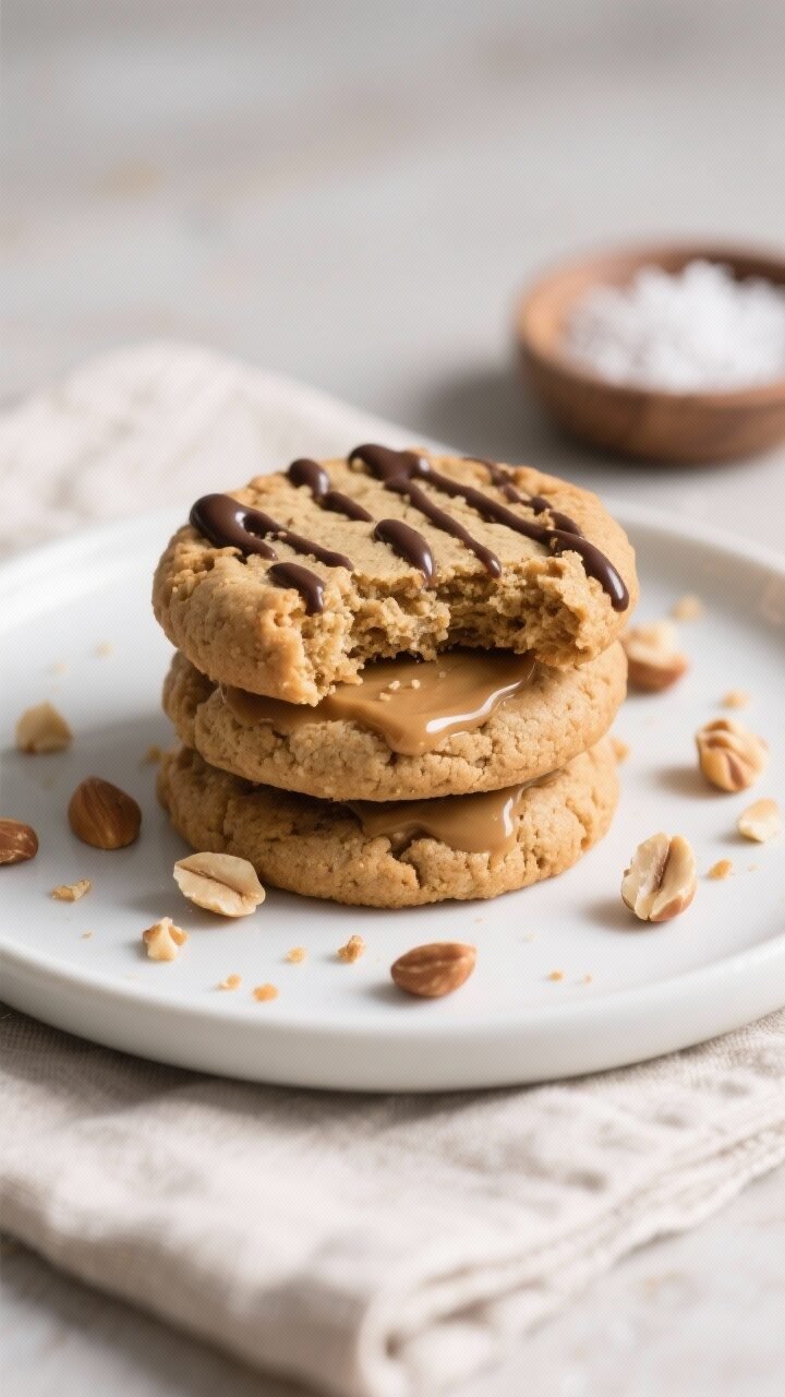 Close-up detail of a stack of three gluten-free peanut butter cookies on a matte white plate, one co