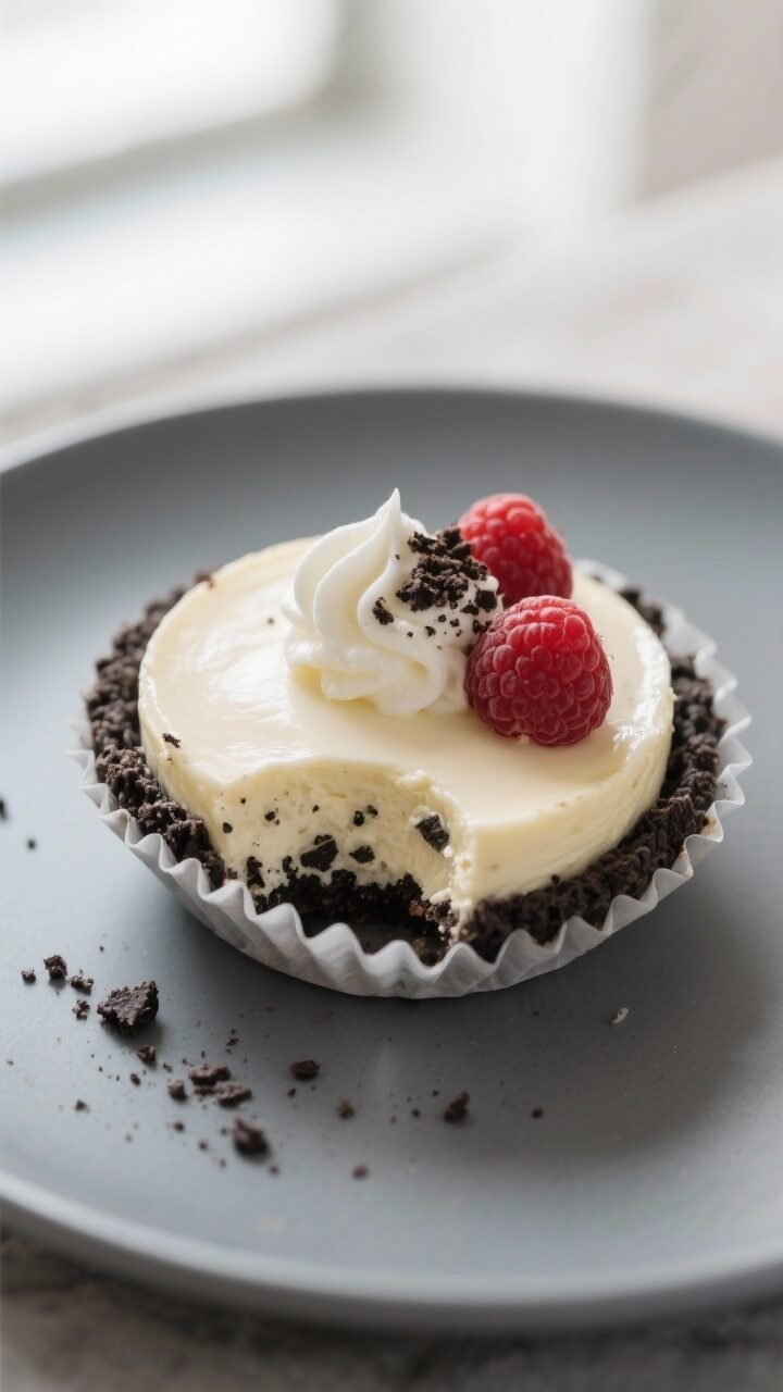 Close-up detail shot: A just-chilled mini cheesecake with Oreo crust removed from its muffin liner, 