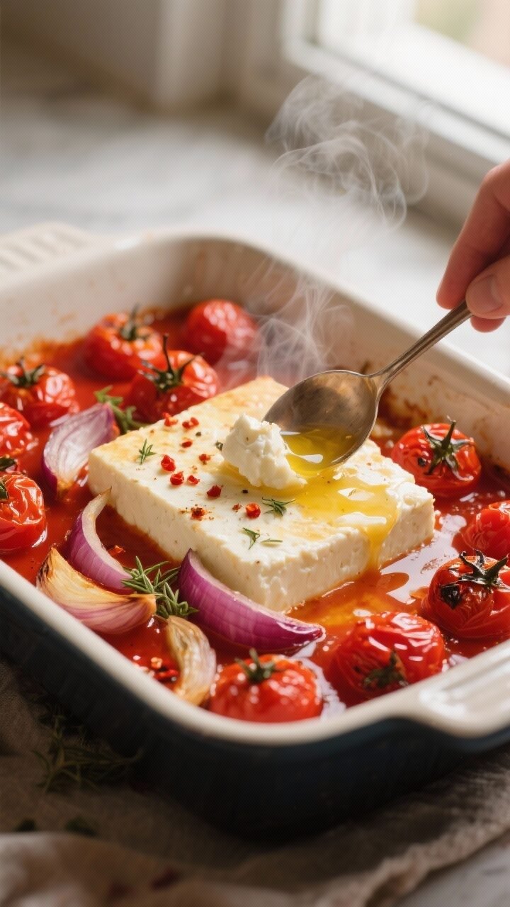 Close-up detail shot: A steaming baking dish just pulled from the oven showing blistered cherry toma