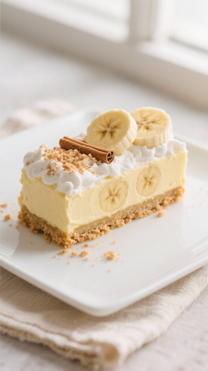 Close-up detail shot of a cleanly sliced No-Bake Banana Pudding Bar on a small white square plate, s