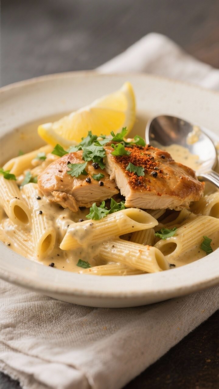 Close-up final plated dish of Creamy Butter Chicken Penne: focusing on the sauce clinging to the pen