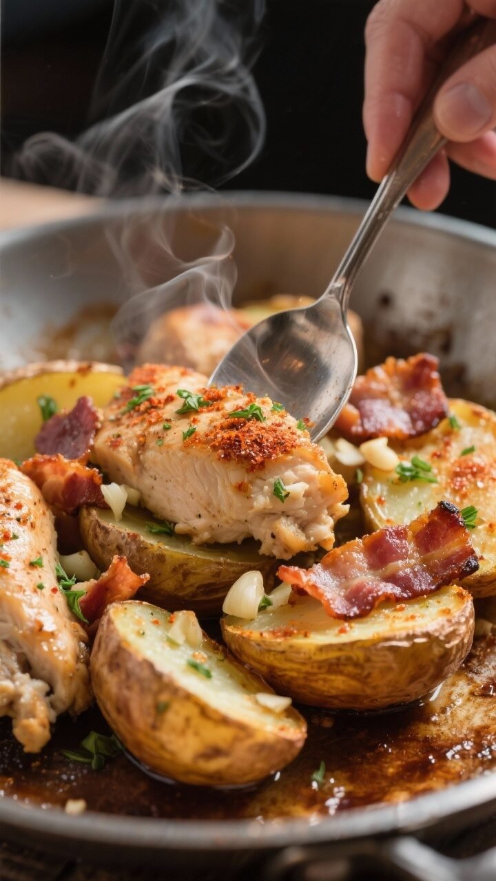 Close-up process shot of the moment the par-roasted potatoes are joined by the chicken and bacon: fo