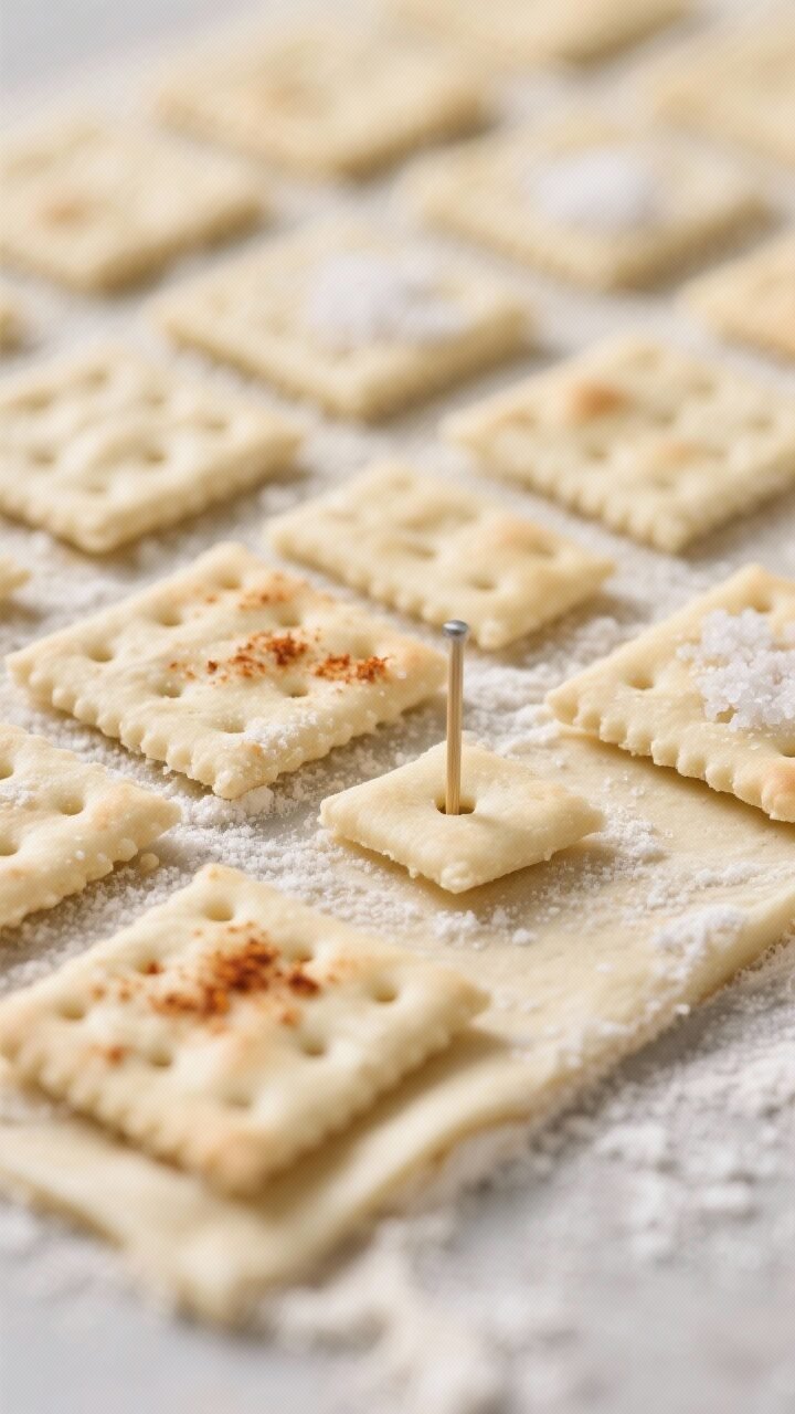 Close-up process shot of thinly rolled cracker dough (about 1/8 inch) on a lightly floured surface, 