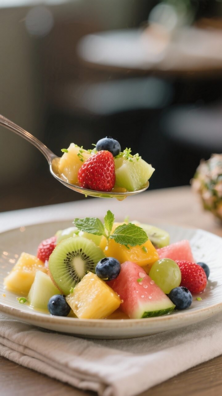Close-up, restaurant-quality final presentation of the fruit salad on a wide, shallow platter: tight