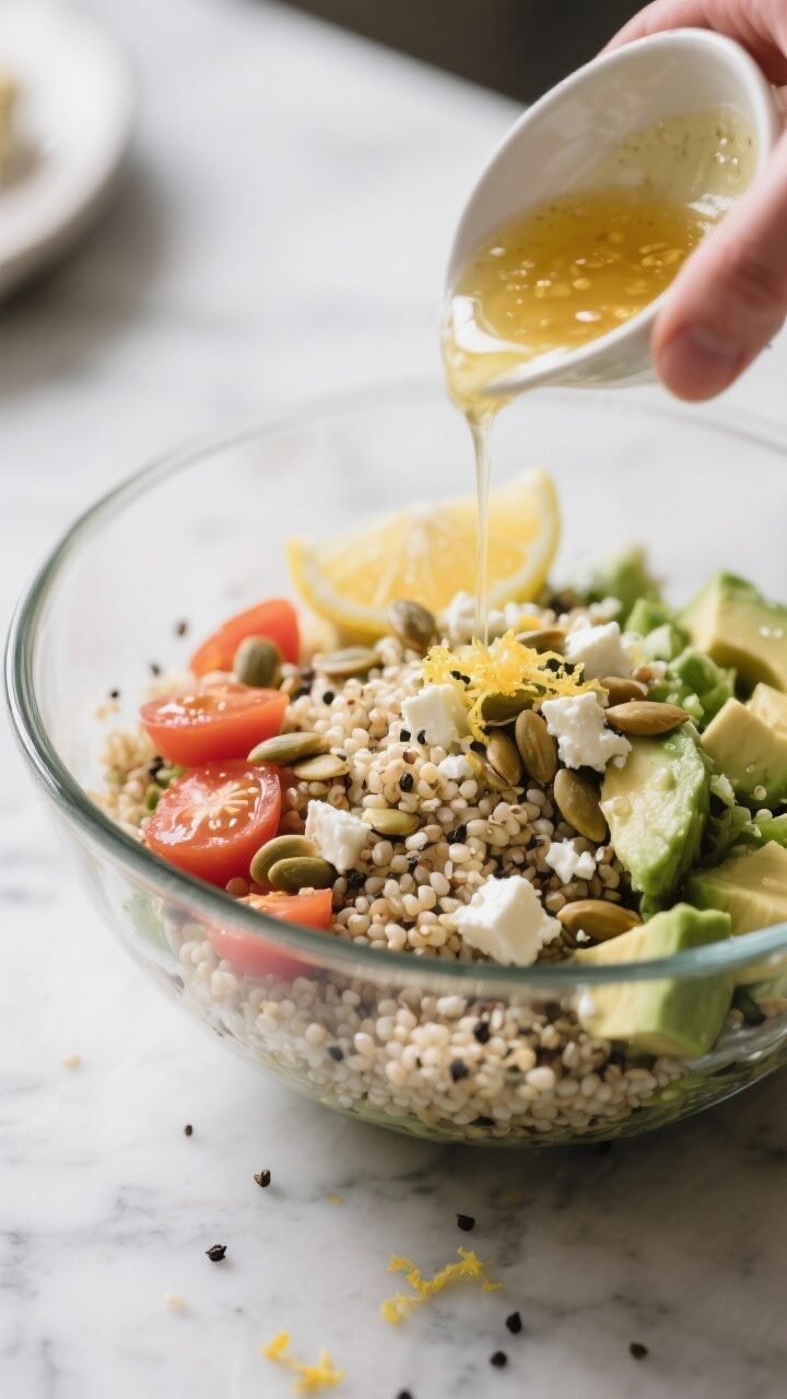 Close-up, three-quarter angle process shot of the salad being dressed and finished: the mixed quinoa