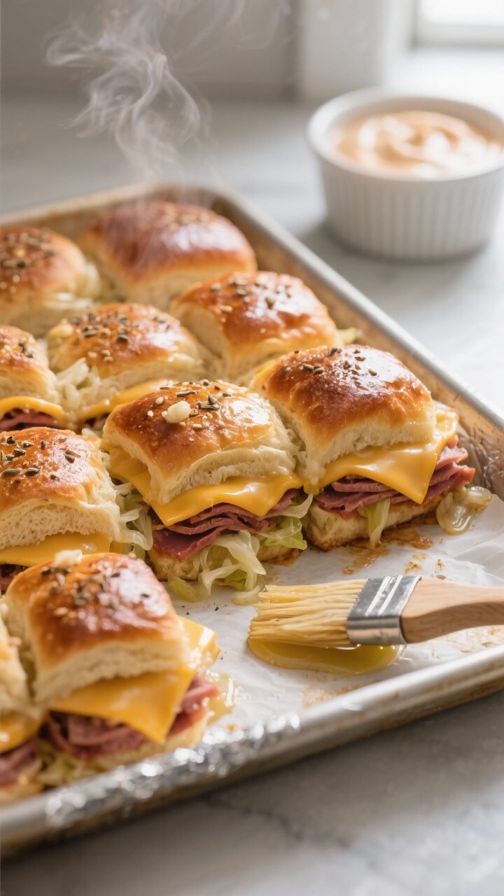 Cooking process close-up: A 9x13 pan of assembled Mini Reuben sliders just out of the oven, foil rem