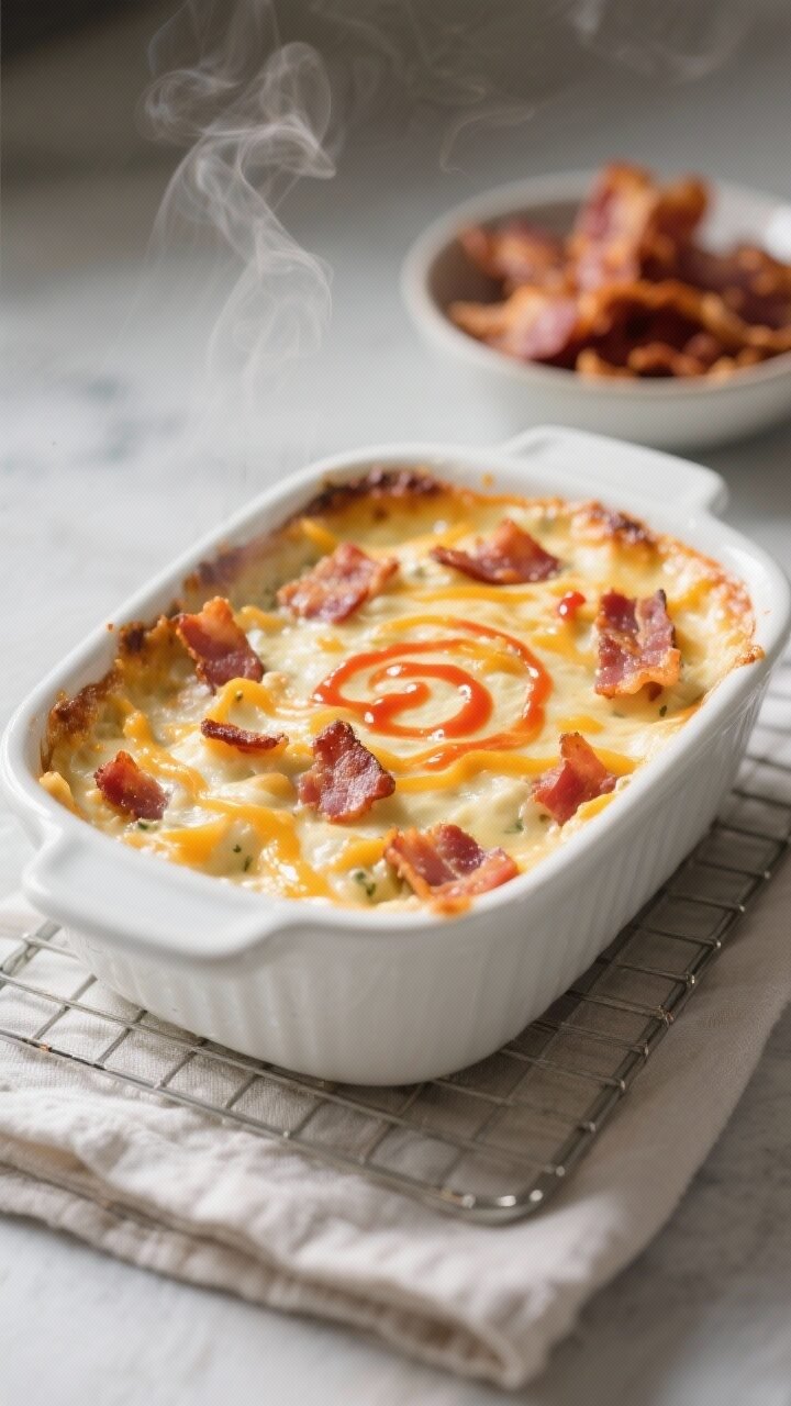 Cooking process close-up: A bubbling, oven-warmed Cheesy BLT Ranch Dip in a small white enamel bakin