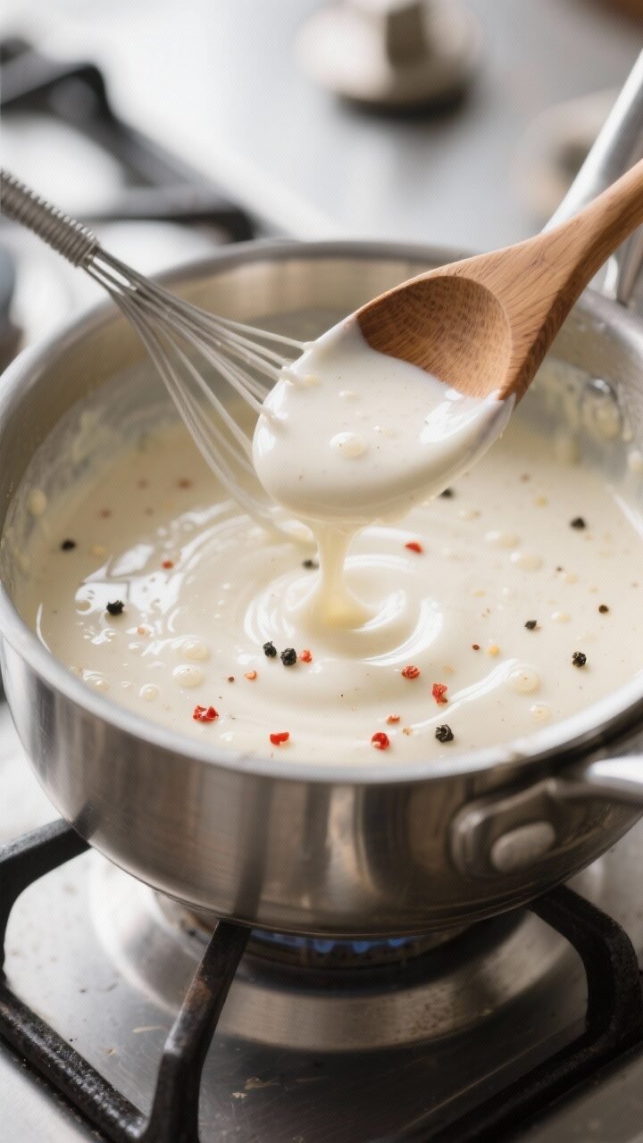 Cooking process close-up: A glossy, velvety white garlic sauce being whisked in a stainless-steel sa