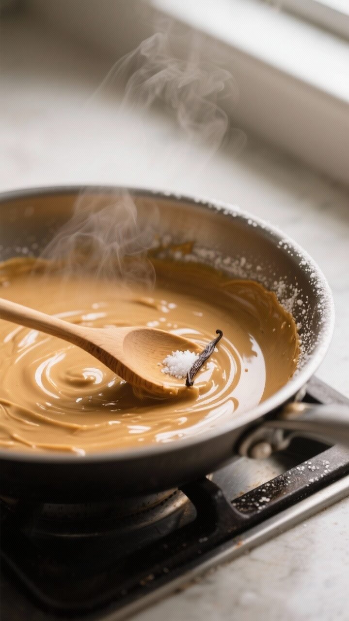 Cooking process close-up: A medium saucepan on a stovetop with the melted butter–peanut butter mix