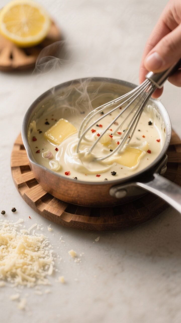 Cooking process close-up: A small saucepan on low heat with glossy, creamy garlic Parmesan wing sauc