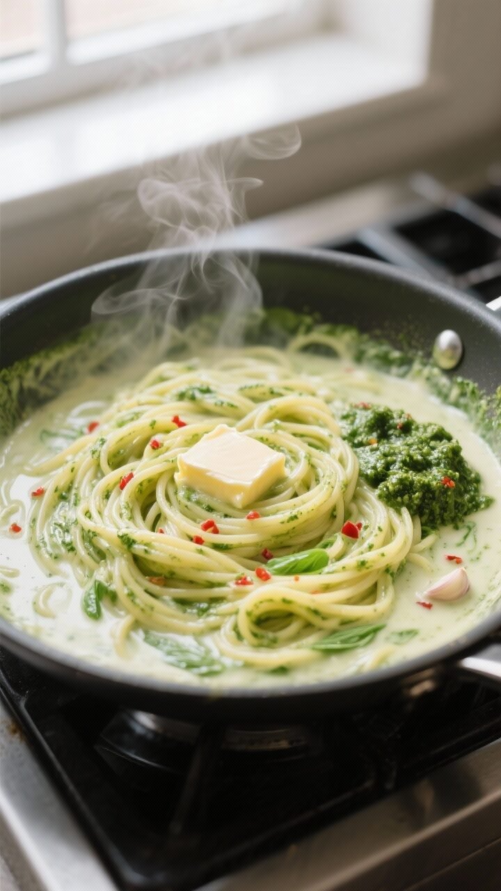 Cooking process close-up: A wide, shallow skillet of one-pot basil pesto cream pasta mid-simmer, spa