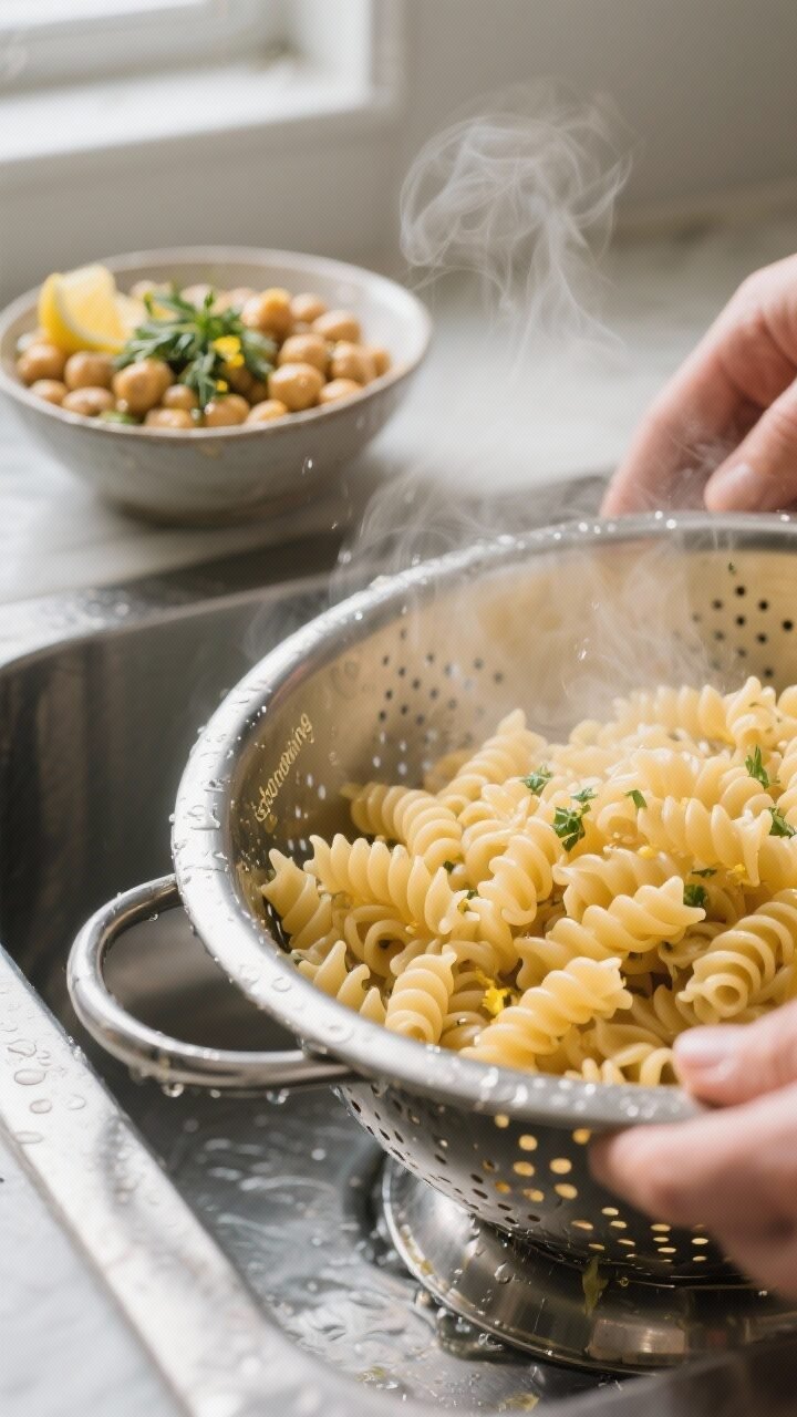 Cooking process close-up: Al dente rotini just drained and briefly rinsed, steam softly rising in a 