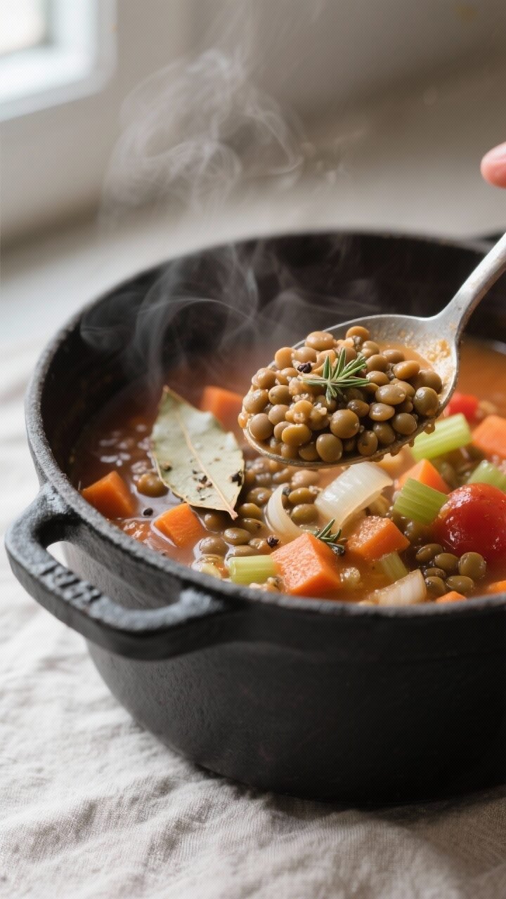 Cooking process, close-up detail: A steaming pot of cooked lentil soup mid-simmer, showing tender br