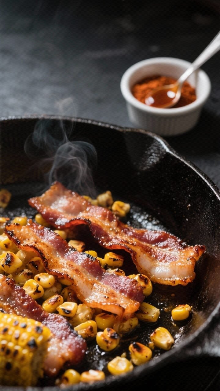 Cooking process, close-up detail: Crisping thick-cut bacon in a black cast-iron skillet, golden-brow