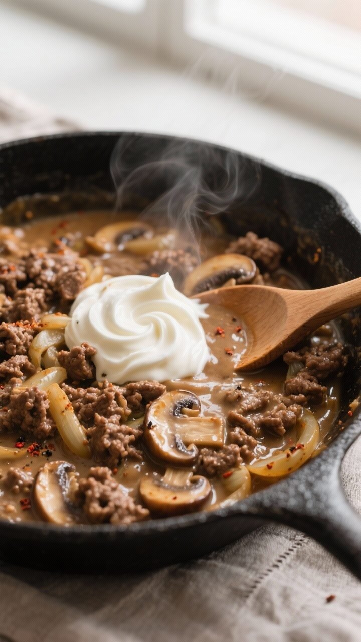 Cooking process, close-up detail: In-skillet ground beef stroganoff mid-simmer, showing browned crum