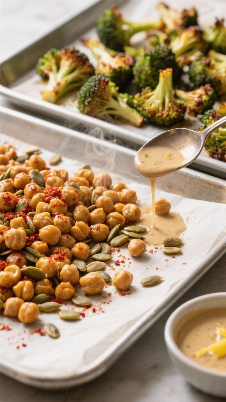 Cooking process, close-up detail: Roasted broccoli florets and cumin–paprika chickpeas just out of