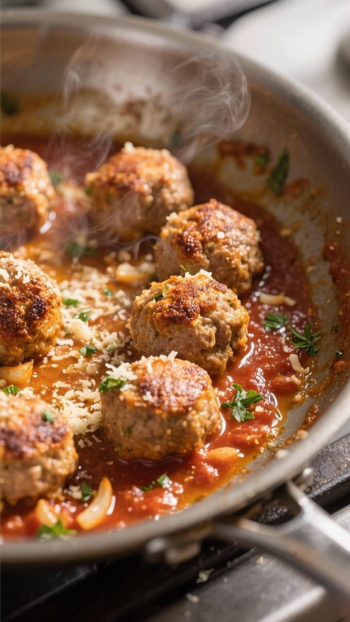 Cooking process, close-up detail: Searing Parmesan meatballs in a wide stainless skillet, golden-bro