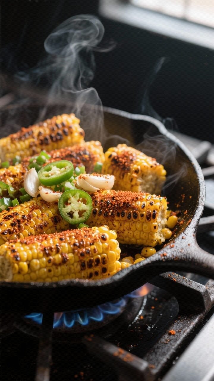 Cooking process, close-up detail: Sizzling Mexican Street Corn Skillet in a well-seasoned cast-iron 