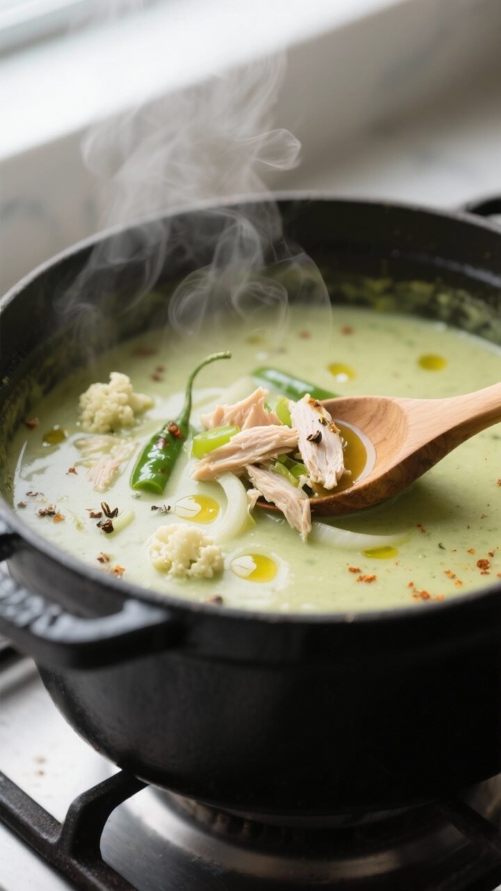 Cooking process, close-up detail: Steaming pot of low-carb chicken poblano soup mid-simmer after ble