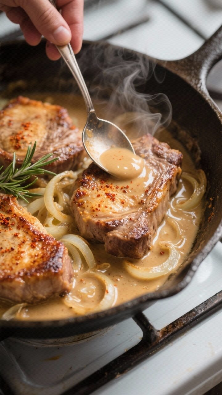 Cooking process close-up: Golden-browned pork chops nestled back into a skillet of creamy onion grav