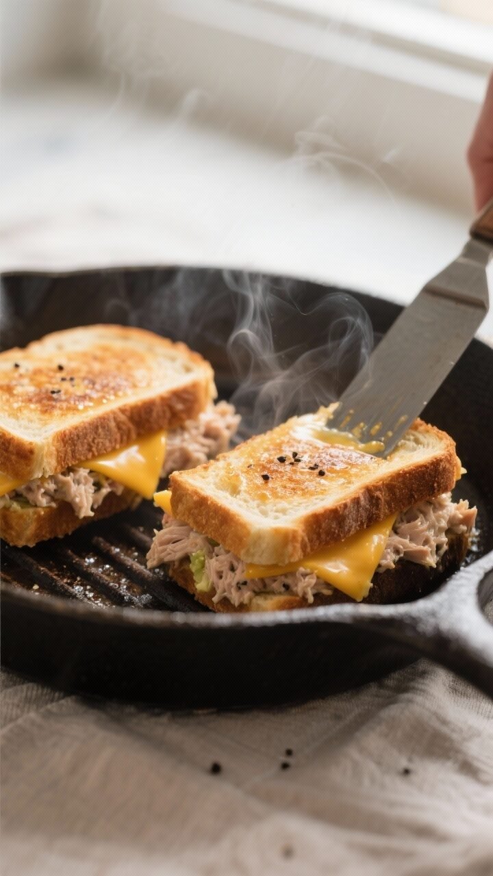 Cooking process close-up: In-skillet tuna melt mid-grill on medium heat, two sandwiches in a cast-ir