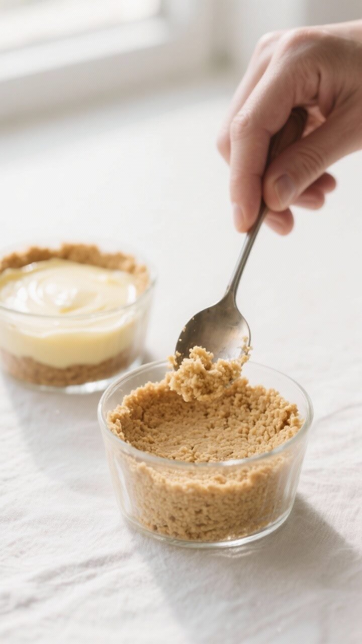 Cooking process close-up: Pressing the buttery graham cracker crust into small clear glass cups with