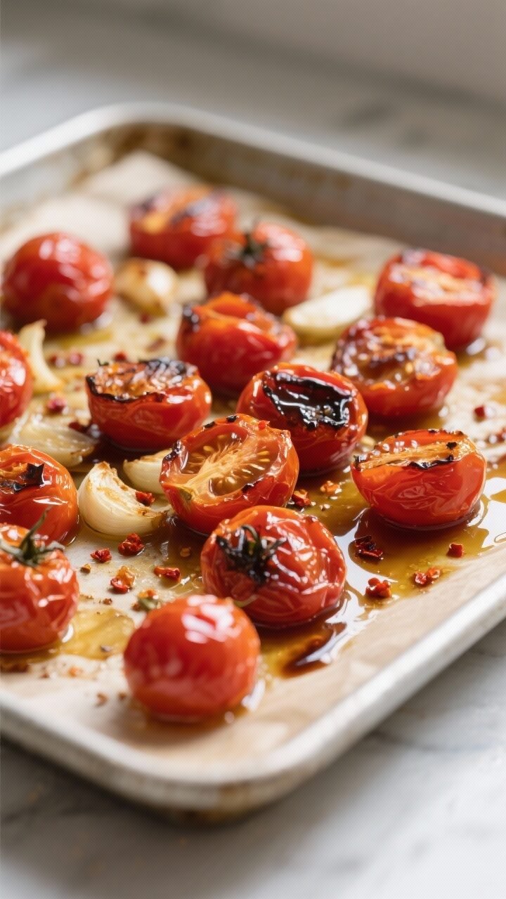 Cooking process close-up: Roasted cherry tomatoes bursting and jammy on a parchment-lined sheet pan 