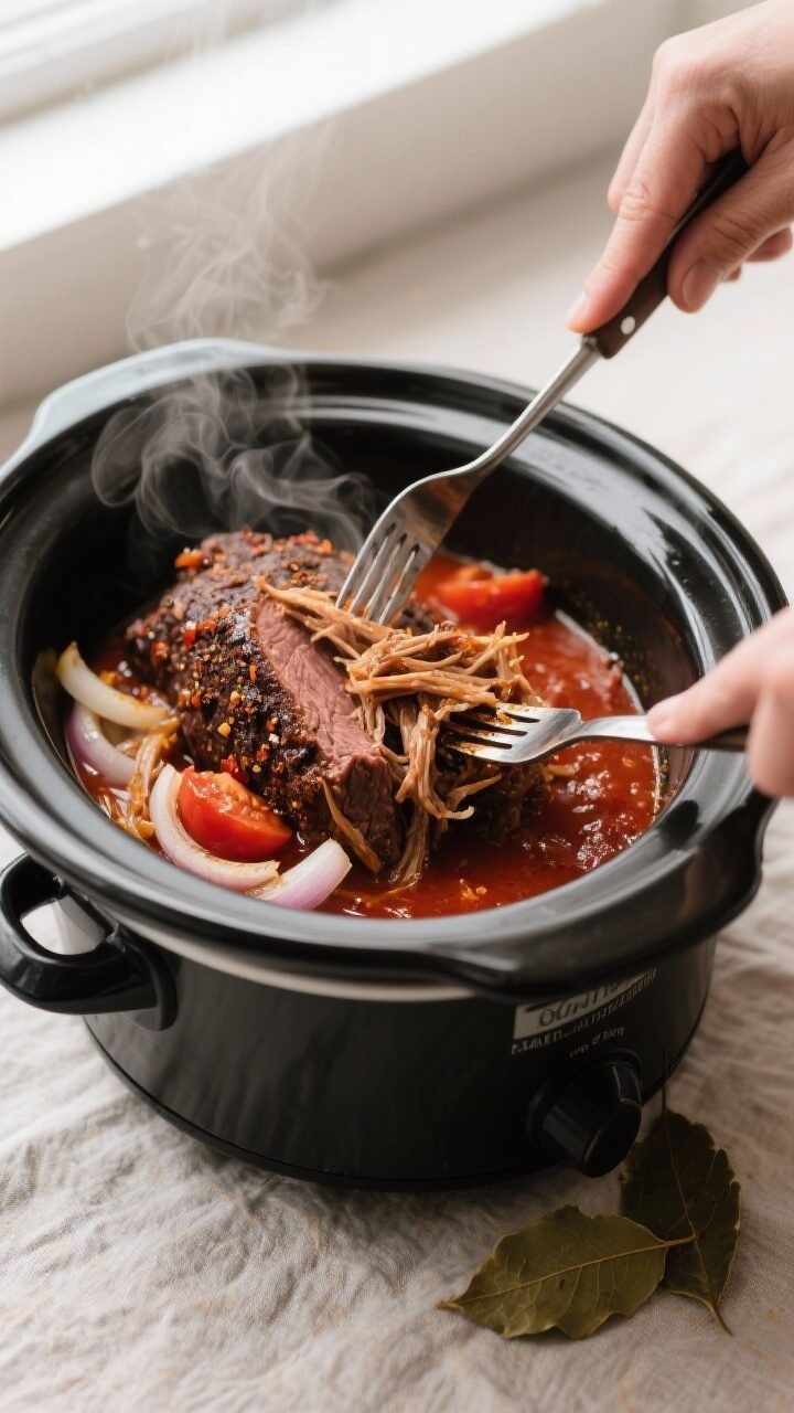 Cooking process close-up: Slow cooker filled with tender, fully cooked chuck roast being shredded wi