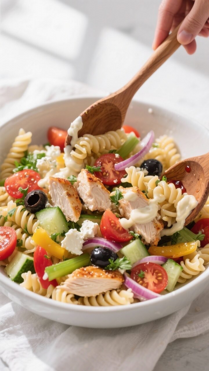 Cooking process, overhead action shot: Chilled al dente rotini being gently tossed with diced rotiss