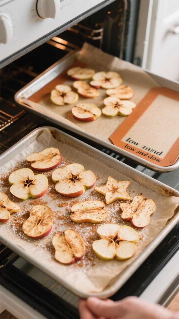 Cooking process, overhead: Overhead shot of thin, crosswise apple slices baking into chips on two pa