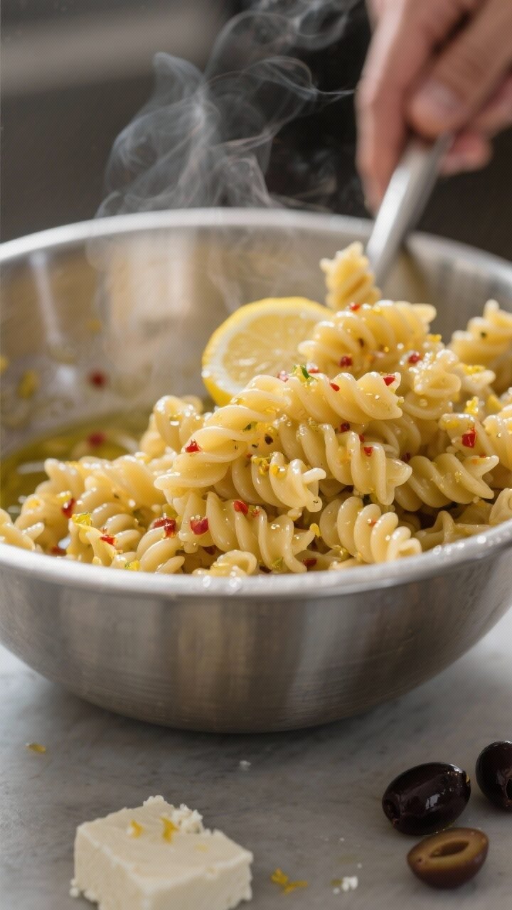 Cooking process shot: Warm al dente rotini being tossed with glossy lemon-garlic dressing in a wide 
