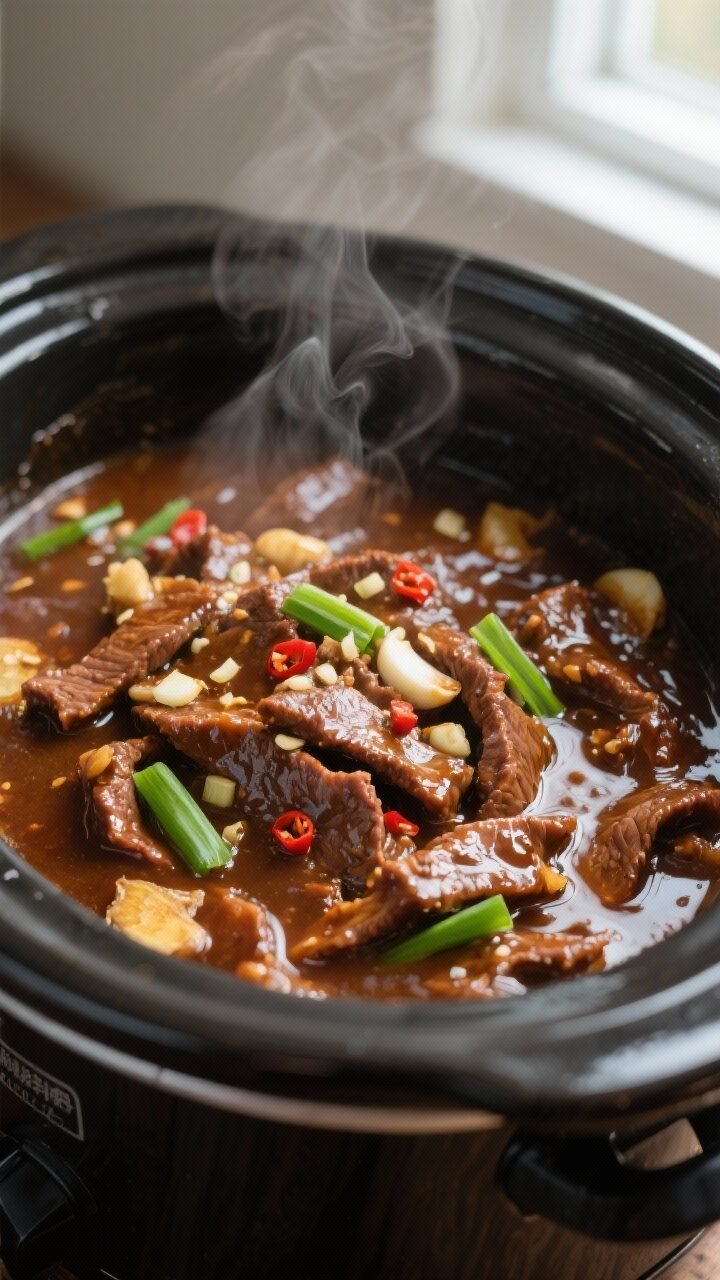 Cooking process — Slow Cooker Mongolian Beef mid-simmer: close-up of tender, thinly sliced beef st