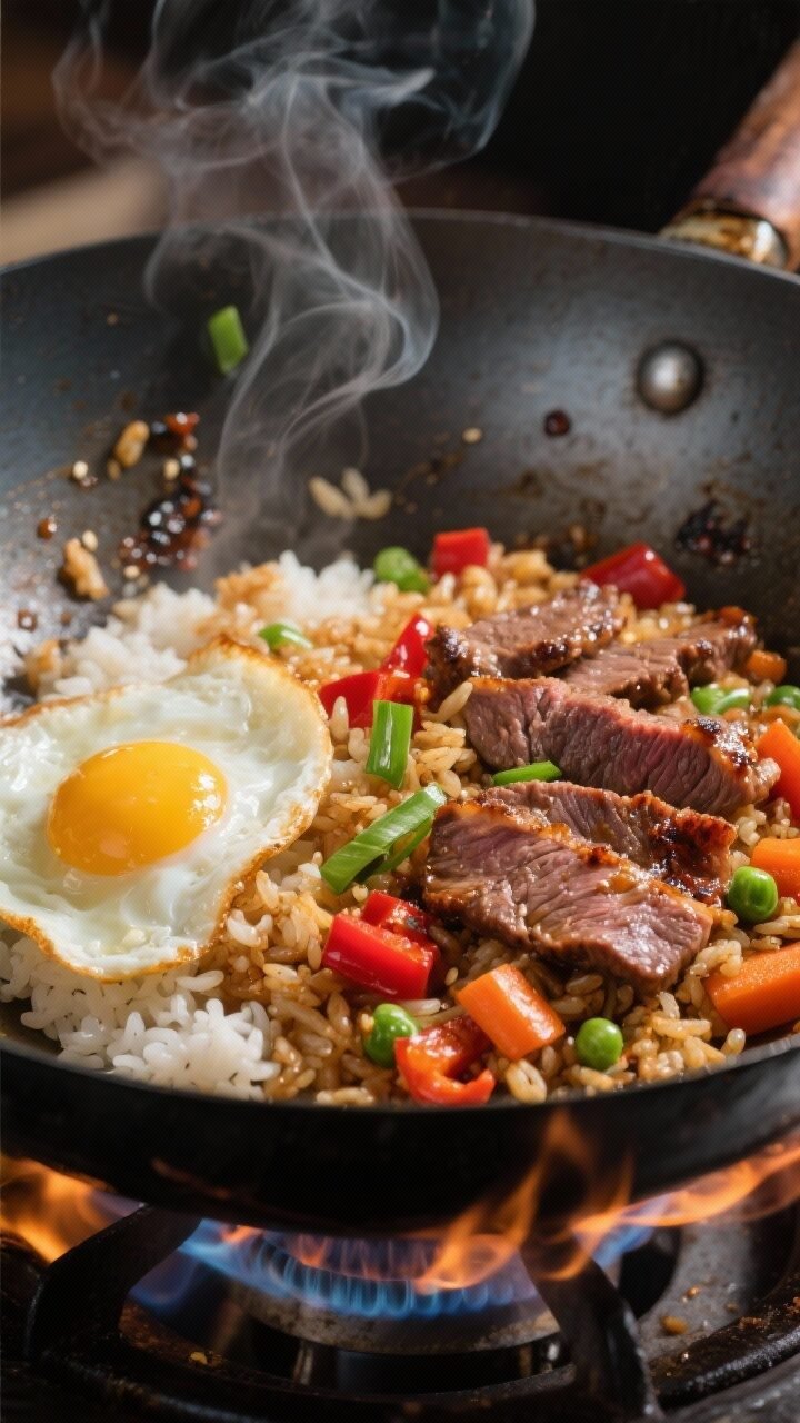 Cooking process — wok sear and rice fry: High-heat action shot of spicy beef fried rice mid-cook i