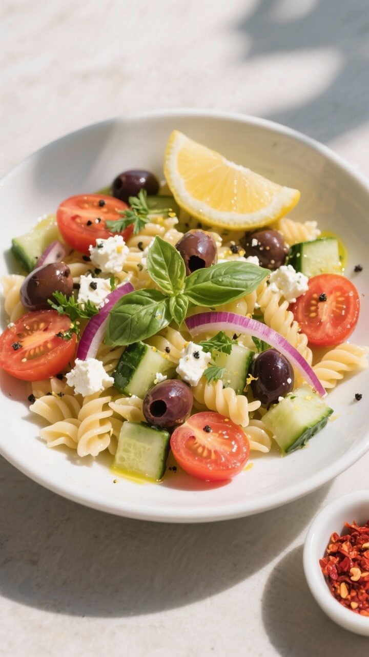 Final dish overhead: Bright feta tomato pasta salad fully assembled and chilled, presented in a matt