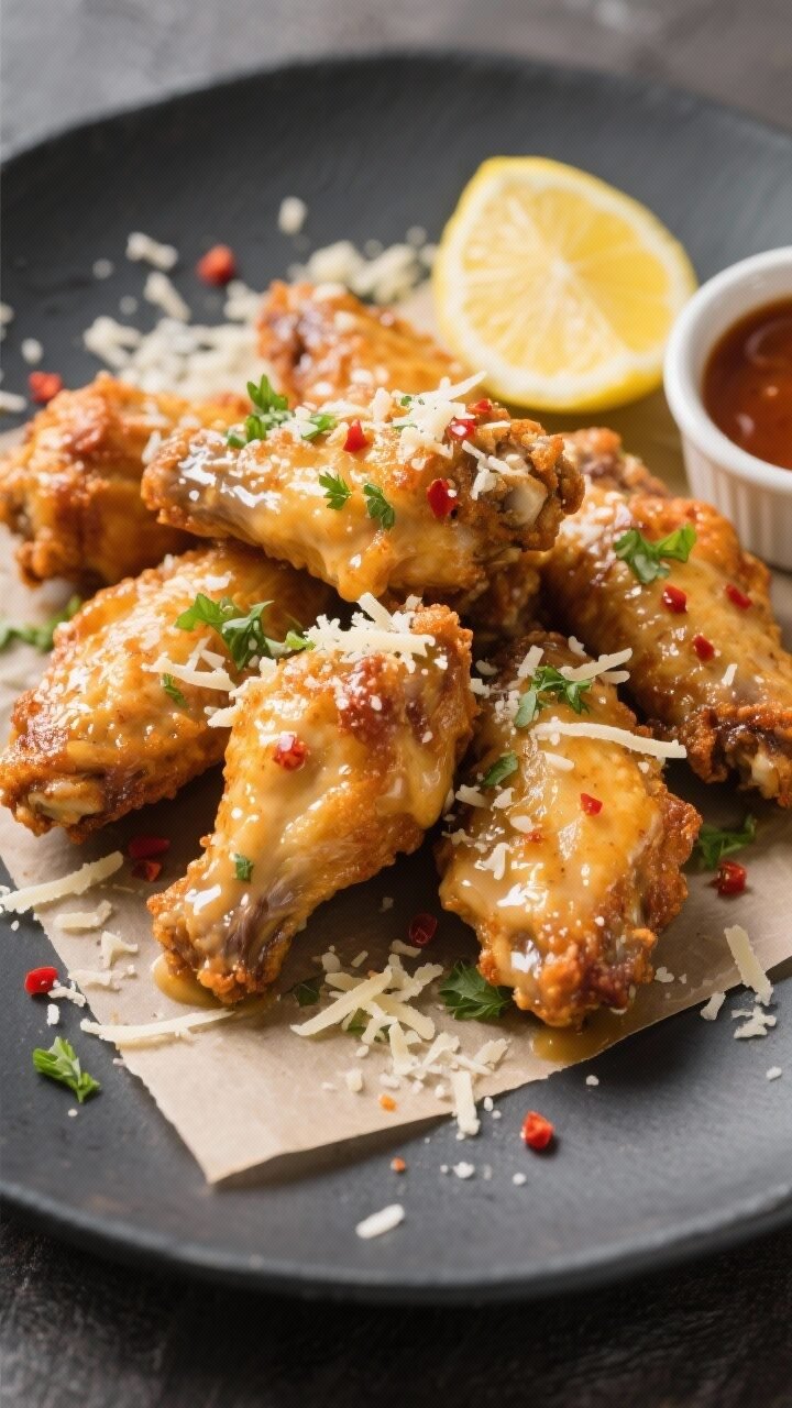 Final dish overhead: Crispy hot chicken wings generously coated in glossy Garlic Parmesan sauce, arr