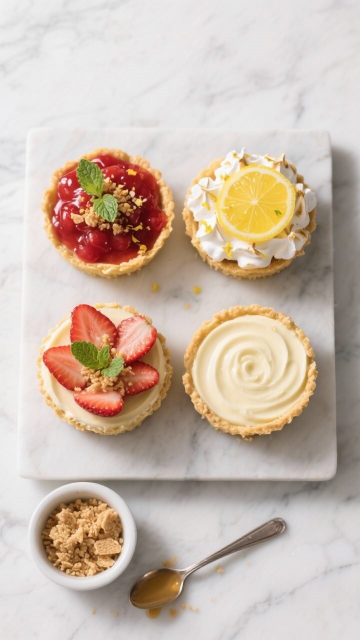 Final dish overhead: No-bake cheesecake dessert cups, fully set and topped two ways for variety—on