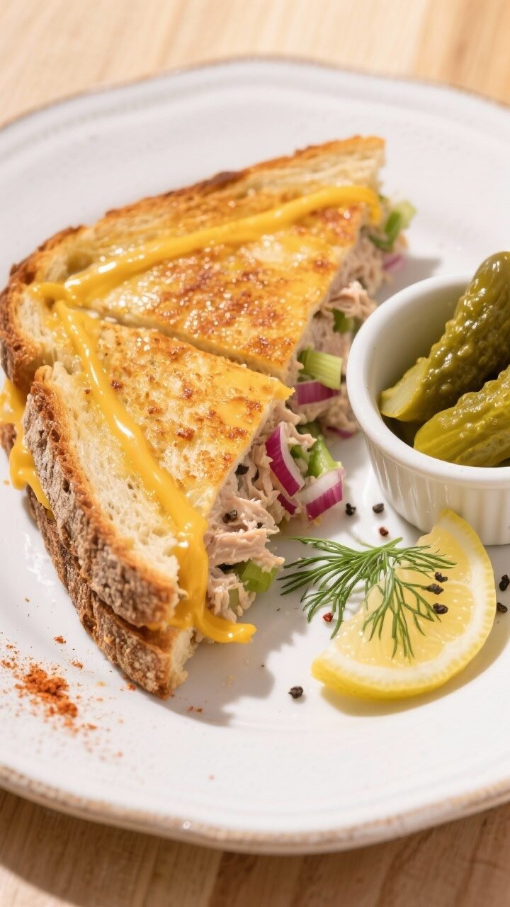 Final dish overhead: Overhead shot of a classic tuna melt sliced diagonally on a white ceramic plate
