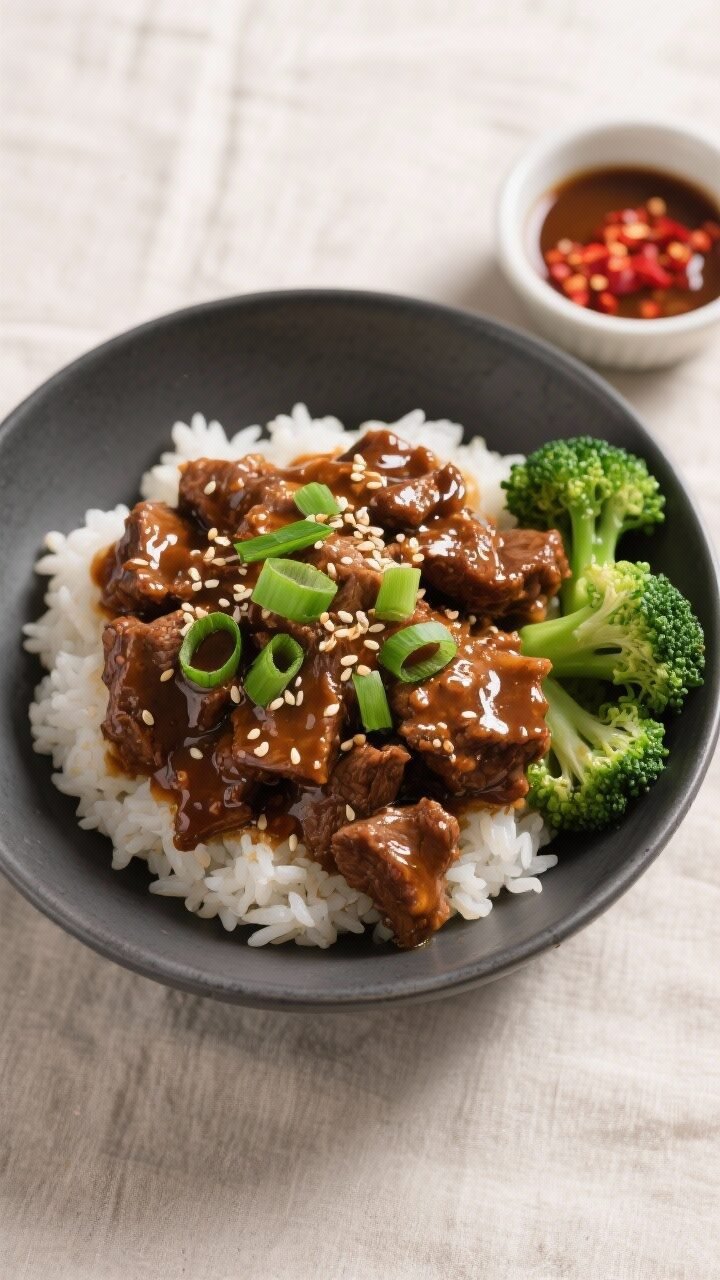 Final dish — Overhead plated Mongolian Beef bowl: top-down shot of glossy, tender beef piled over 